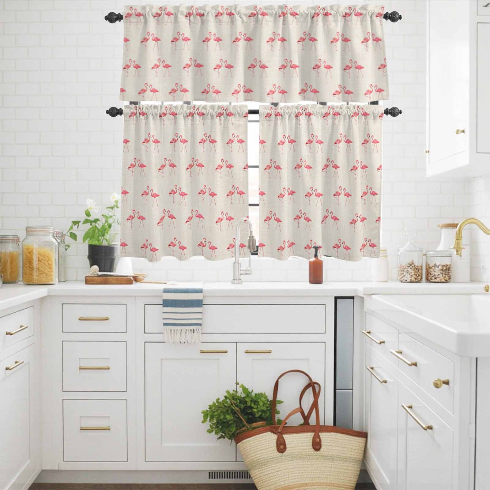 Tropical Pink Flamingo Bird Curtain Tier and Valance Set 3 Piece, Summer Animals on Burlap Linen 3-inch Rod Pocket Window Tier Curtains Valance for Kitchen Living Room
