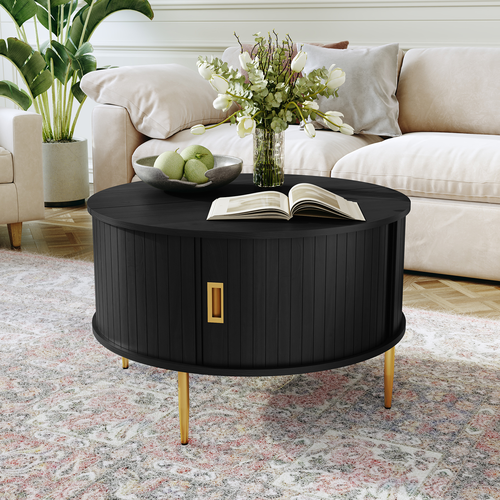 HLR Mid Century 31.5" Round Coffee Table with Sliding Tambour Door, Drum Center Table with Storage for Living Room, Black
