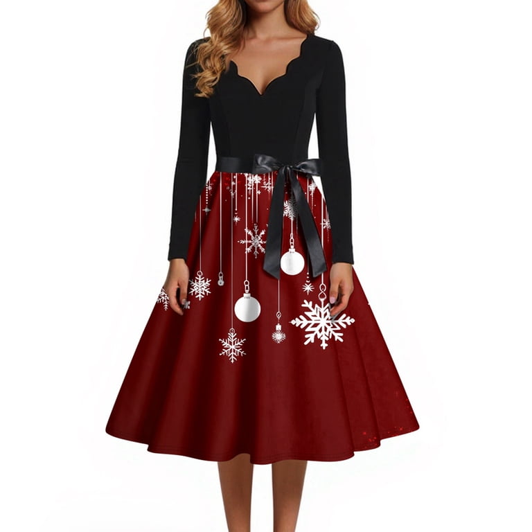 Women's Christmas Print Flare Dress with Snowflake, Christmas Tree and  Snowman Pattern, Long Sleeve V-Neck Vintage Party Dress for Holiday Festive  Occasions,Deep Red,Size S - Walmart.com