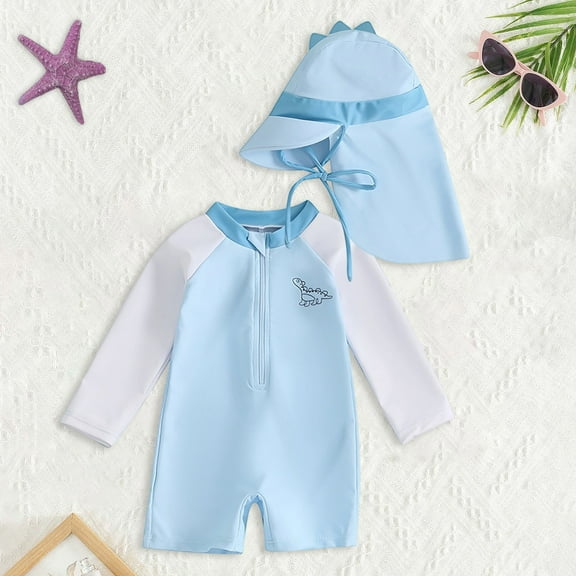 Baby Swimsuit Boy Toddler Boys Dinosaur Hooded Long Sleeve Upf 50 One Piece Baby Boy Bathing Suit Blue 12-18 Months