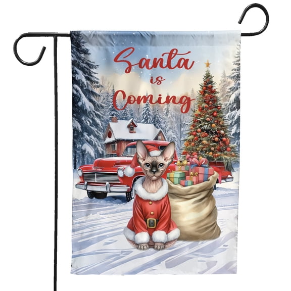 Santa is Coming Sphynx Merry Christmas Xmas Noel Truck Tree Garden Flag 12x18in Double Sided Cat Lover Kitten Owner Gifts Idea Outdoor Decor - 02023