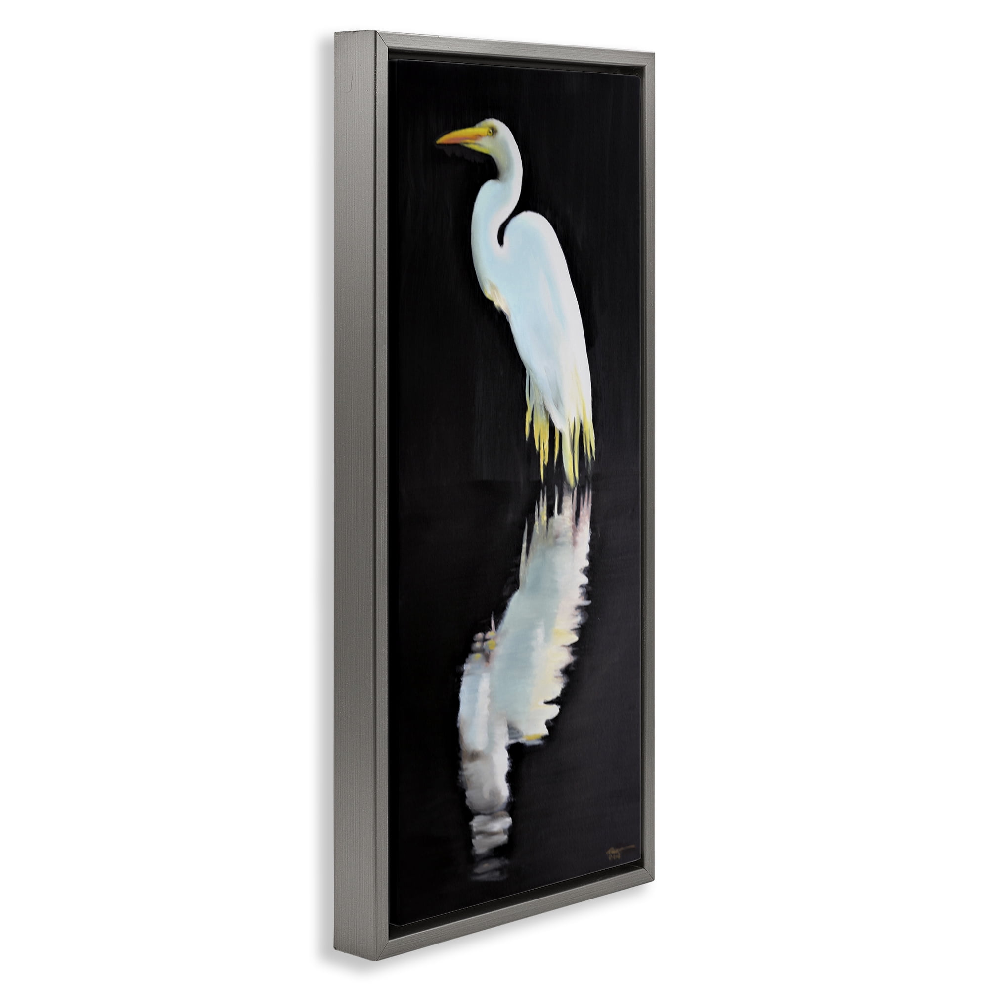 Stupell Industries Dark Egret Reflection Animals & Insects Painting Gray Floater Framed Canvas Art Print Wall Art, 11 x 25