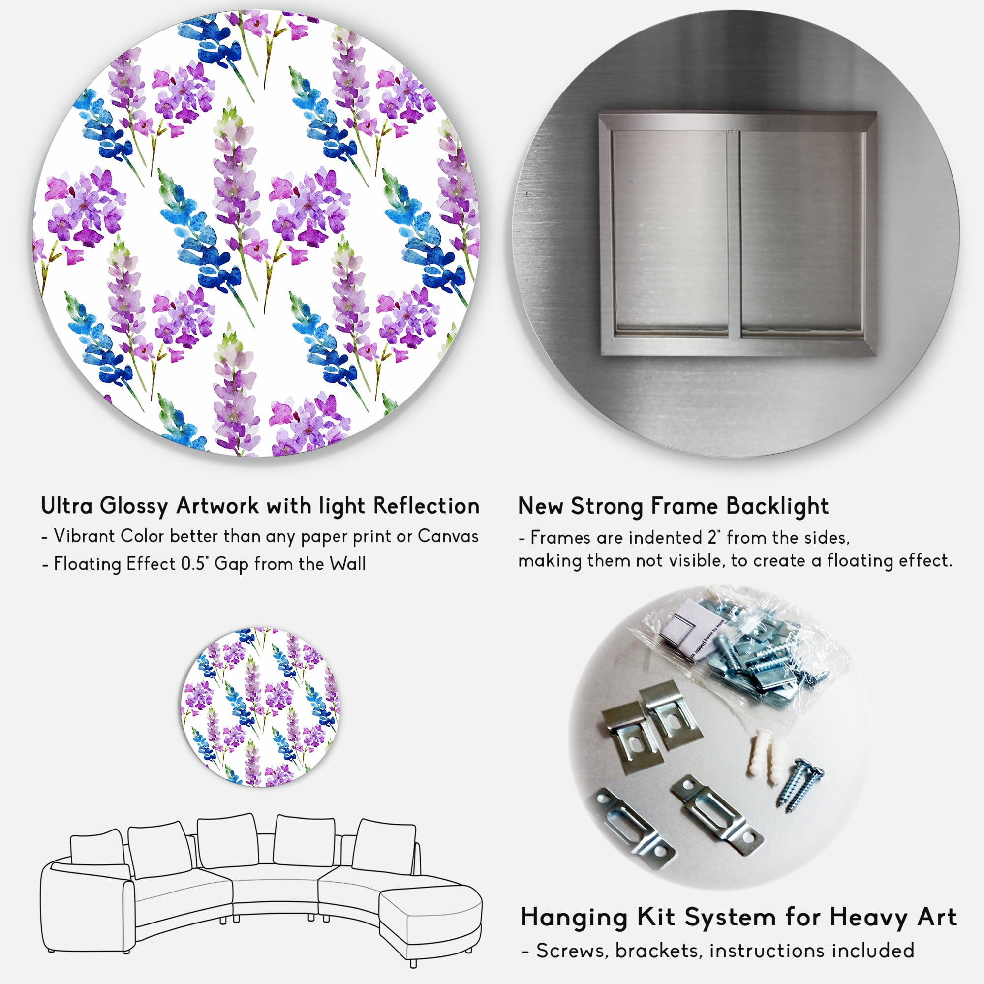 Designart 'Purple and Pink Floral Pattern' Traditional Circle Metal Wall Art 36x36 - Disc of 36