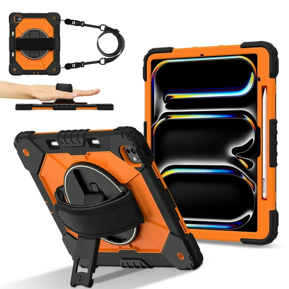 ELEHOLD Rugged Hybrid Case For iPad Pro 13-inch (M5) 2025/(M4) 2024 , Built-in Kickstand 360° Rotating Handstrap Pencil Holder Crossbody Shoulder Strap Shockproof Heavy Duty Case, Black Orange