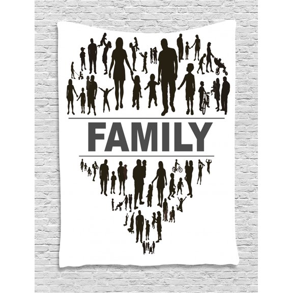 Family Tapestry, Members of a Happy Family People Silhouettes Arranged in a Heart Shape, Wall Hanging for Bedroom Living Room Dorm Decor, 60W X 80L Inches, Dark Brown Grey White, by Ambesonne