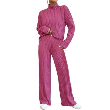 CILENON Plus Size Lounge Sets for Women Women s High Neck 2 Piece Sweatsuit Long Sleeve Knit Sweater Tops Wide Leg Pants Set Outfits Womens Two Piece Outfits Tracksuit for Women (Hot Pink S)