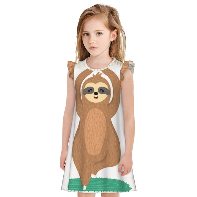 Fotbe Cute Sloth In Yoga Pose Tree Vestido de Dormir para Niñas de 3 a 10 Años, Mangas Cortas, Estilo Princesa, Pijama Camisón con Mangas Voladas-X-Large