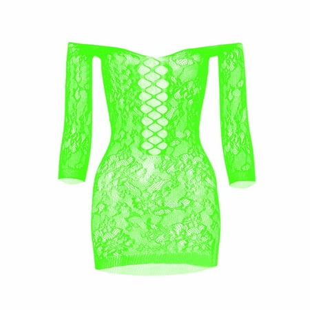 adviicd Red Fishnets Girl Women Fishnet Lingerie Chemise Long Sleeve Stocking Mini Dress Green One Size