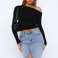 thumbnail image 1 of Top De Manga Larga Camisa básica de mujer Top Color sólido Estilo sexy Hombro inclinado Ropa de calle Traje Cgtredaw Negro S para Mujer, 1 of 5