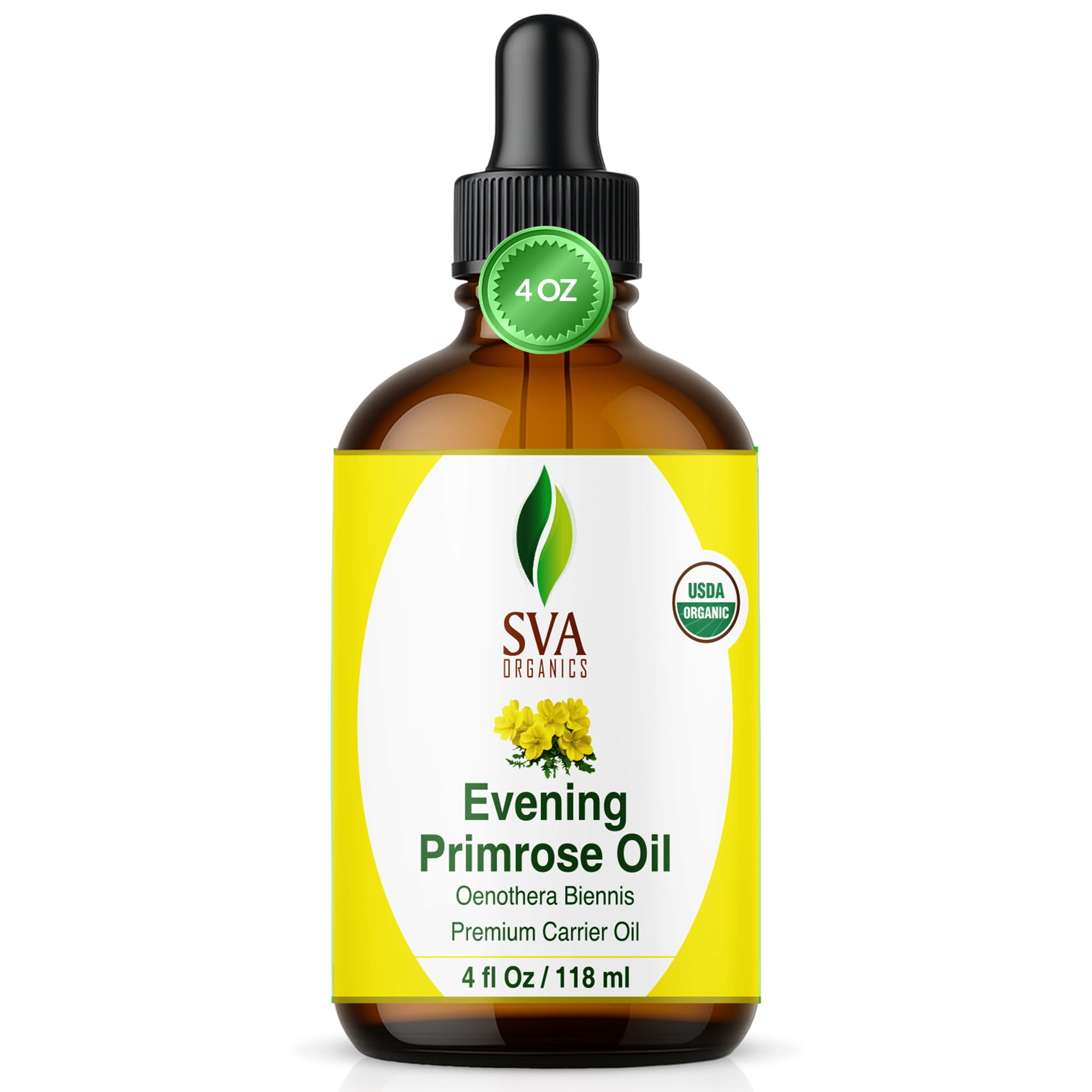 SVA Evening Primrose Oil Organic - 4 Fl Oz – 100% Natural Cold Pressed Organic Evening Primrose Oil - for Face, Skin Care, Hair Care, Scalp Massage & Body Massage – Carrier Oil with Dropper
