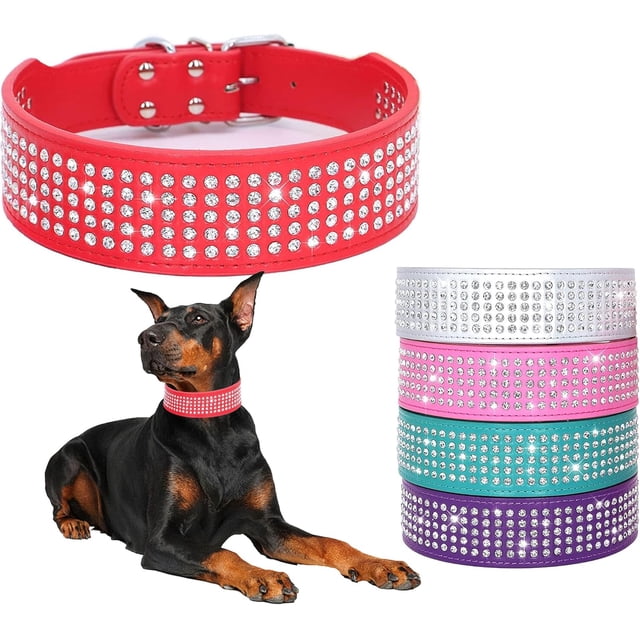 1Pack Rhinestones Dog Collars-2" Wide Crystal Diamonds Studded PU Leather 5 Rows Sparkly Crystal Studded Collar for Medium and Large Dog