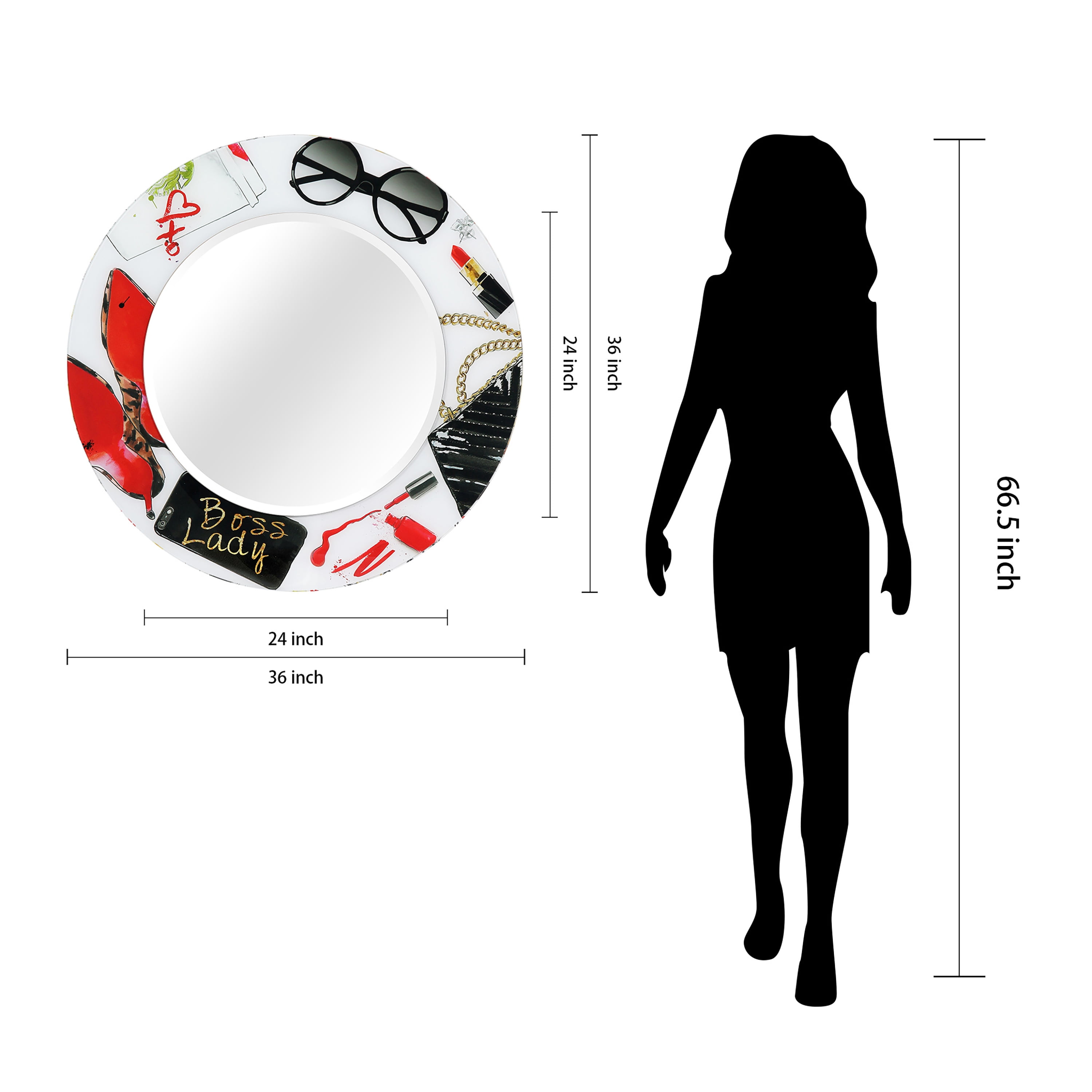 Empire Art Direct TAM-JP802-3636R-2424R 36 x 36 in. Boss Lady Round Beveled Mirror on Free Floating Reverse Printed Tempered Art Glass