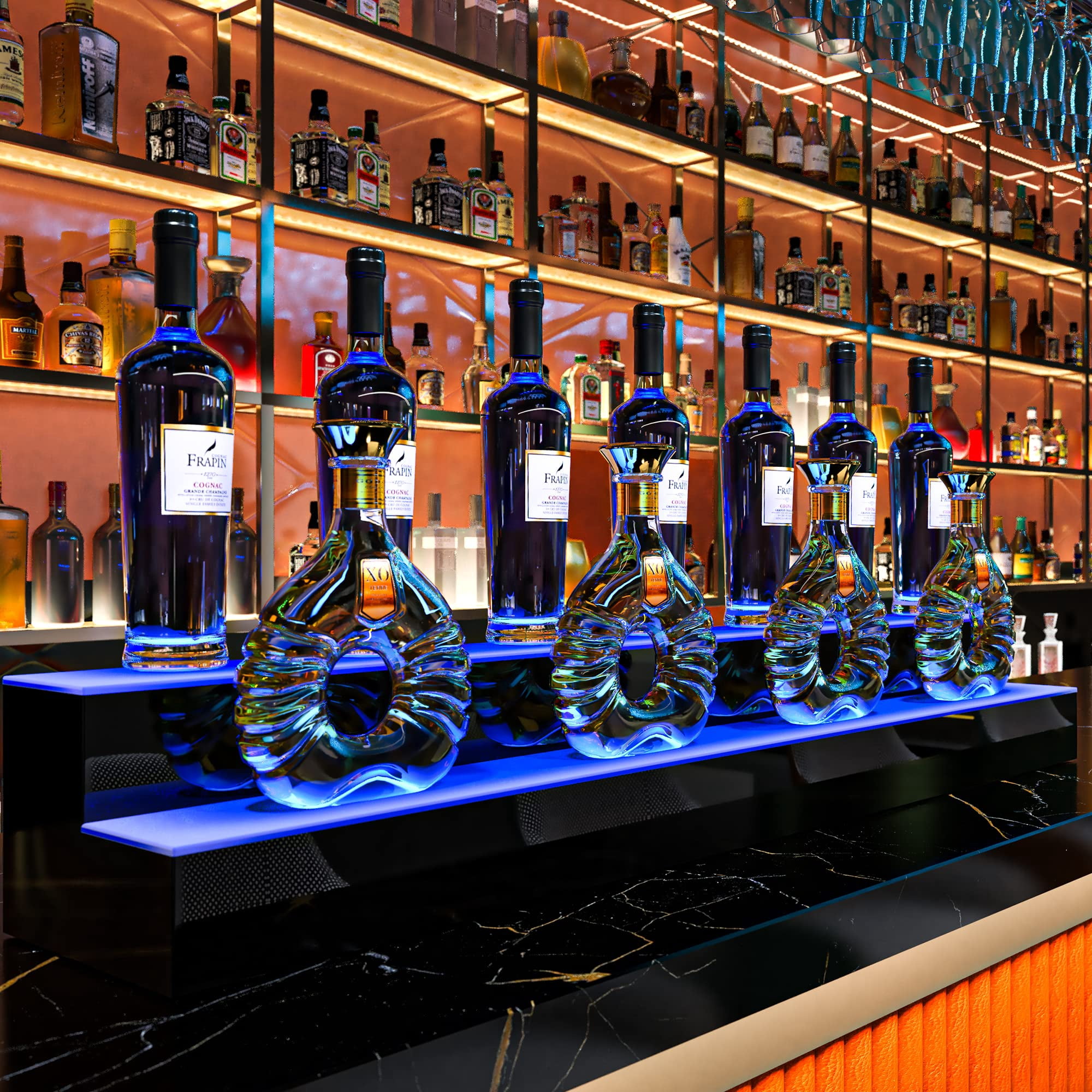 Dextrus LED Lighted Liquor Bottle Display Shelf Supports USB & Power Bank, 2-Step 48-inch Bar Liquor Alcohol Shelf for Home Counter Party, Acrylic Mounted Whiskey Rack Stand with Remote & App Control