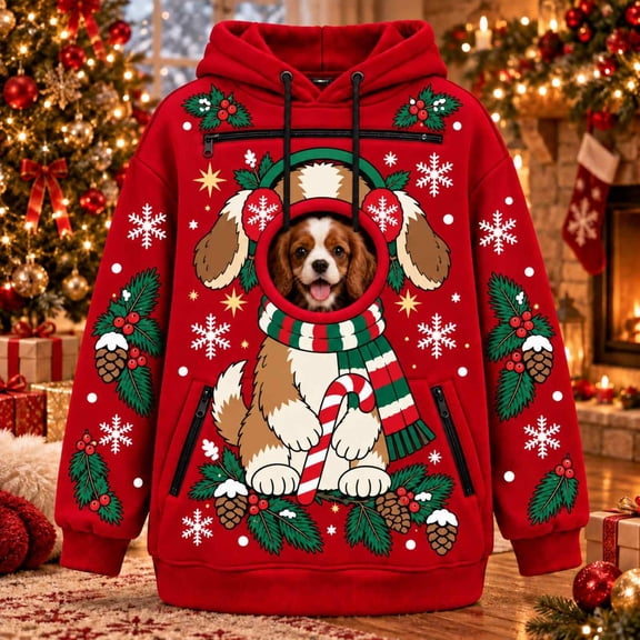 VOUZZA Unisex Christmas Pet Pouch Hoodie, Holiday Elf and Snowflakes Long Sleeve Sweatshirt Pullover with Round Front Puppy Pocket for Small Dogs and Cats