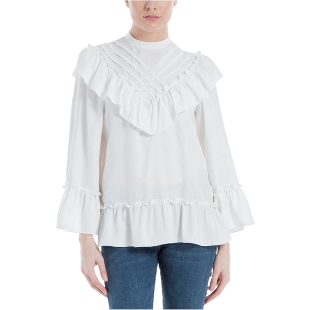 Blusa con volantes de celosía para mujer Max Studio London color blanco roto pequeña