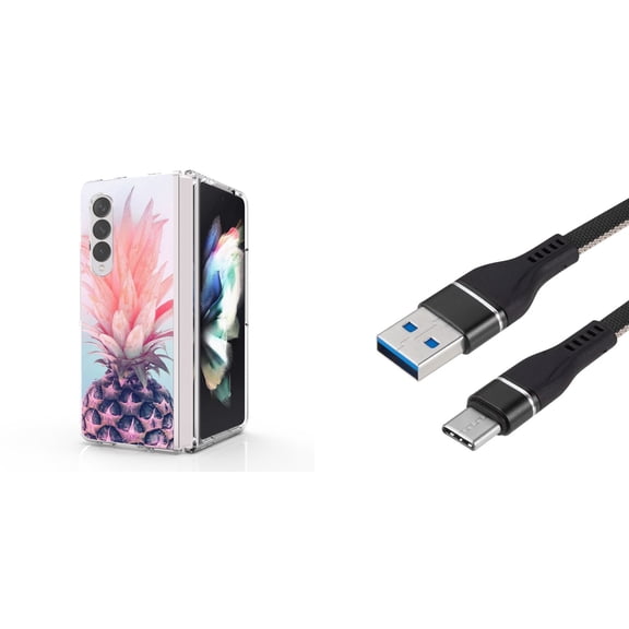 Accessory Bundle for Galaxy Z Fold 4: Slim Snap-On Case (Cool Pineapple), Nylon Braided USB-C to USB-A Cable (3 Feet)