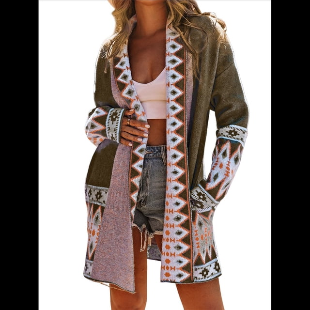 Cárdigan de Punto Extragrande de Larga con Estampado de Colores Contrastantes para Mujer. Marrón XL