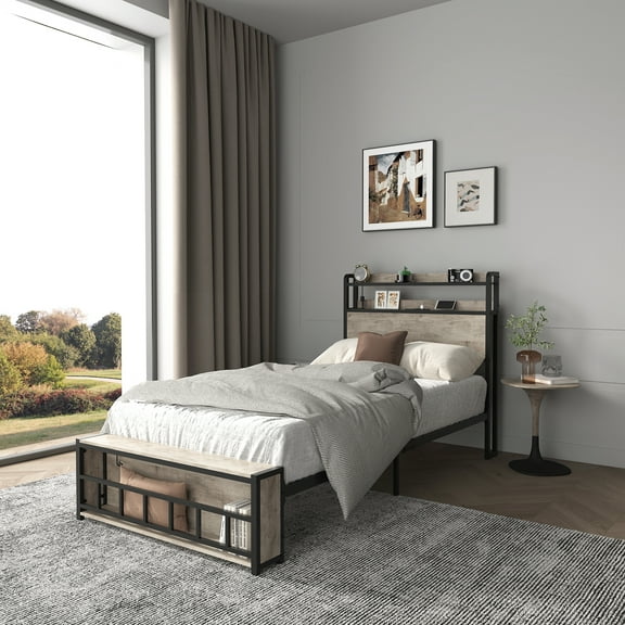 Miniyam Twin Bed with LED Headboard, USB Charging, Storage Shelves for Teens