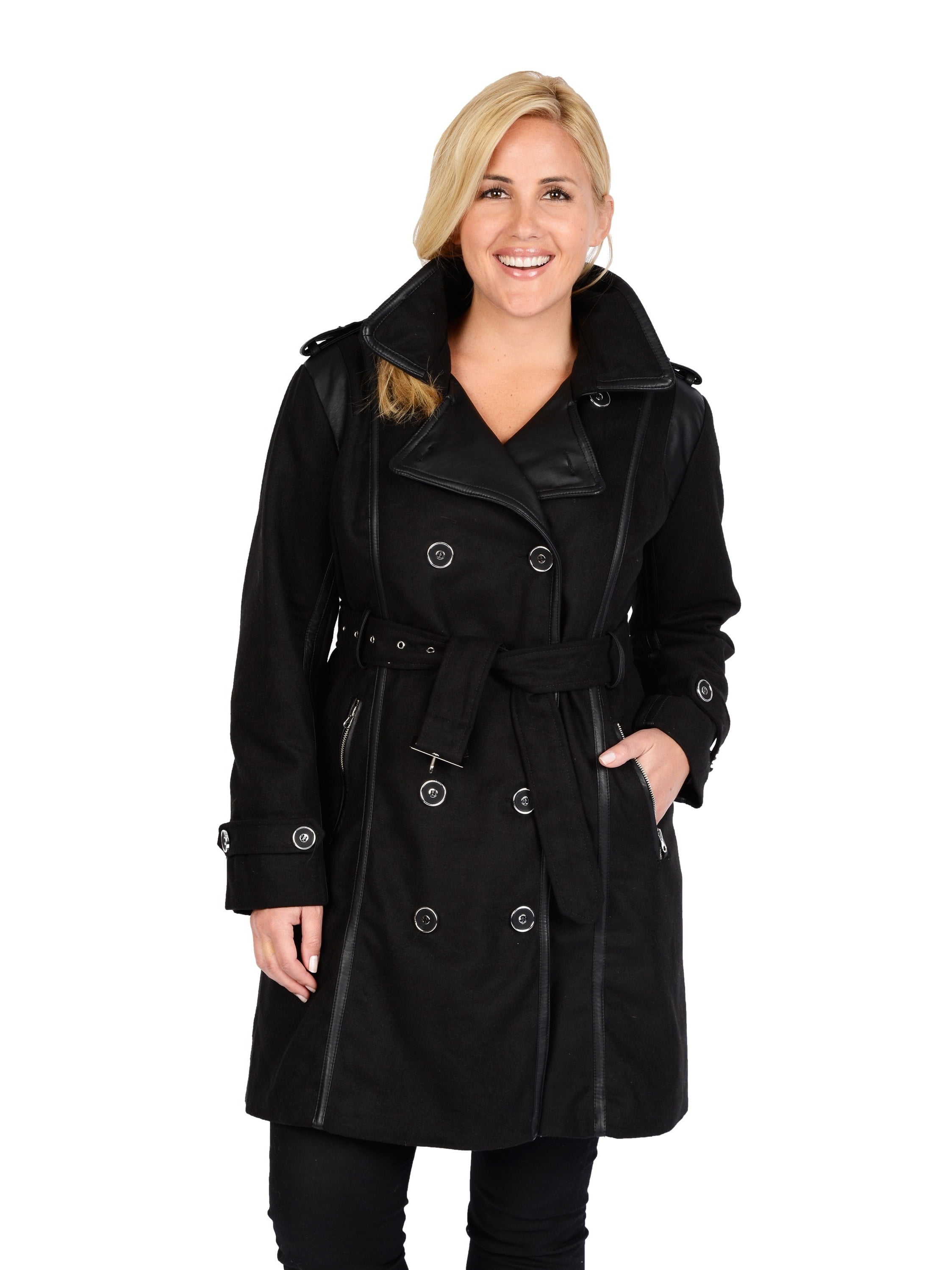 Women's Plus Updated Fashion Double Breasted Pea Coat With Faux Leather ...