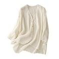 thumbnail image 3 of Women's Thin Loose Fit Shirt Blouse Top Solid Color V Neck Short Sleeve Breathable Casual Spring Summer Fashion | CSEONE,White L, 3 of 4