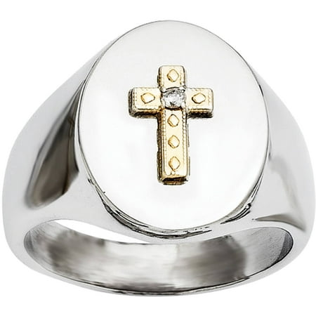 Primal Steel Diamond Stainless Steel with 10kt Gold Cross Polished Ring