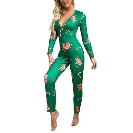 

Pudcoco Women s Christmas Pajamas Long Sleeve Sexy V-Neck Buttons Jumpsuit Cartoon Printed Loungewear Pjs Romper S/M/L/XL/XXL