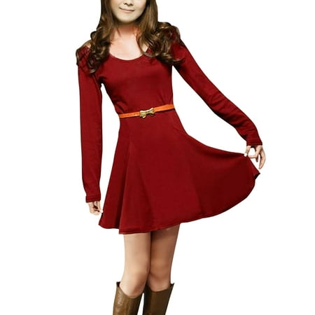 Belted Long Sleeve Belt - Women Belted Dress Long Sleeves Scoop Neck Stretchy Burgundy M (US 10)