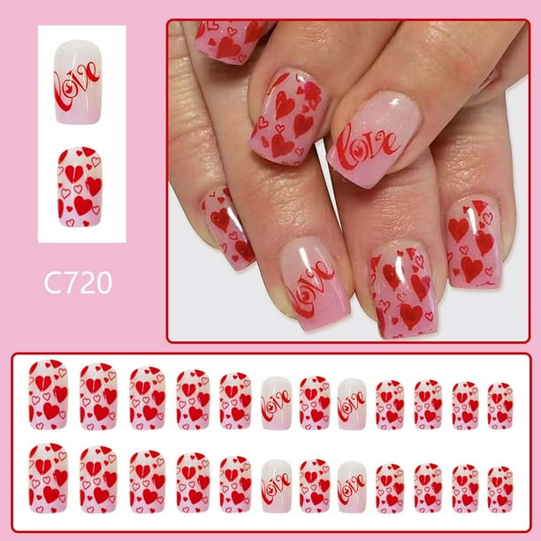Uñas postizas cortas y brillantes para San Valentín, diseño de corazón, con pegamento, 24 parches.