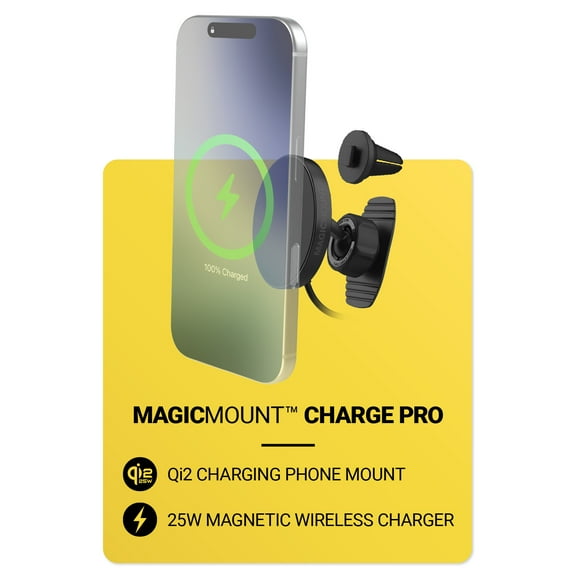 Scosche MPQTRDV-SP MagicMount Charge Pro Qi2 25W Wireless Fast Charge Magnetic Dash/Vent Mount Black
