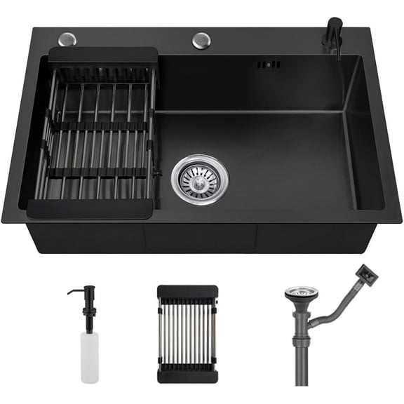 Topmount Drop In Kitchen Sink with 3 Holes Stainless Steel Single Bowl Sinks Basin With Drain basket & Soap dispenser (Black, 21.7 * 17.7in)