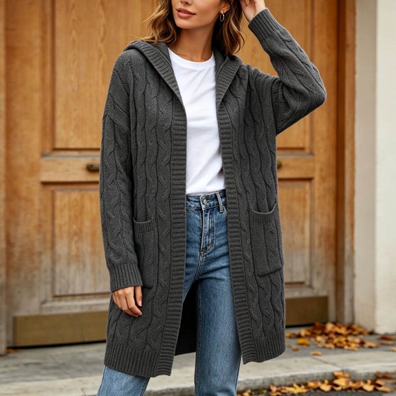 Womens Long Cardigan Sweater Solid Color Hooded Knit Cardigan Open Front Long Sleeve Outfits with Pockets Loose Casual Fall Winter Outwear