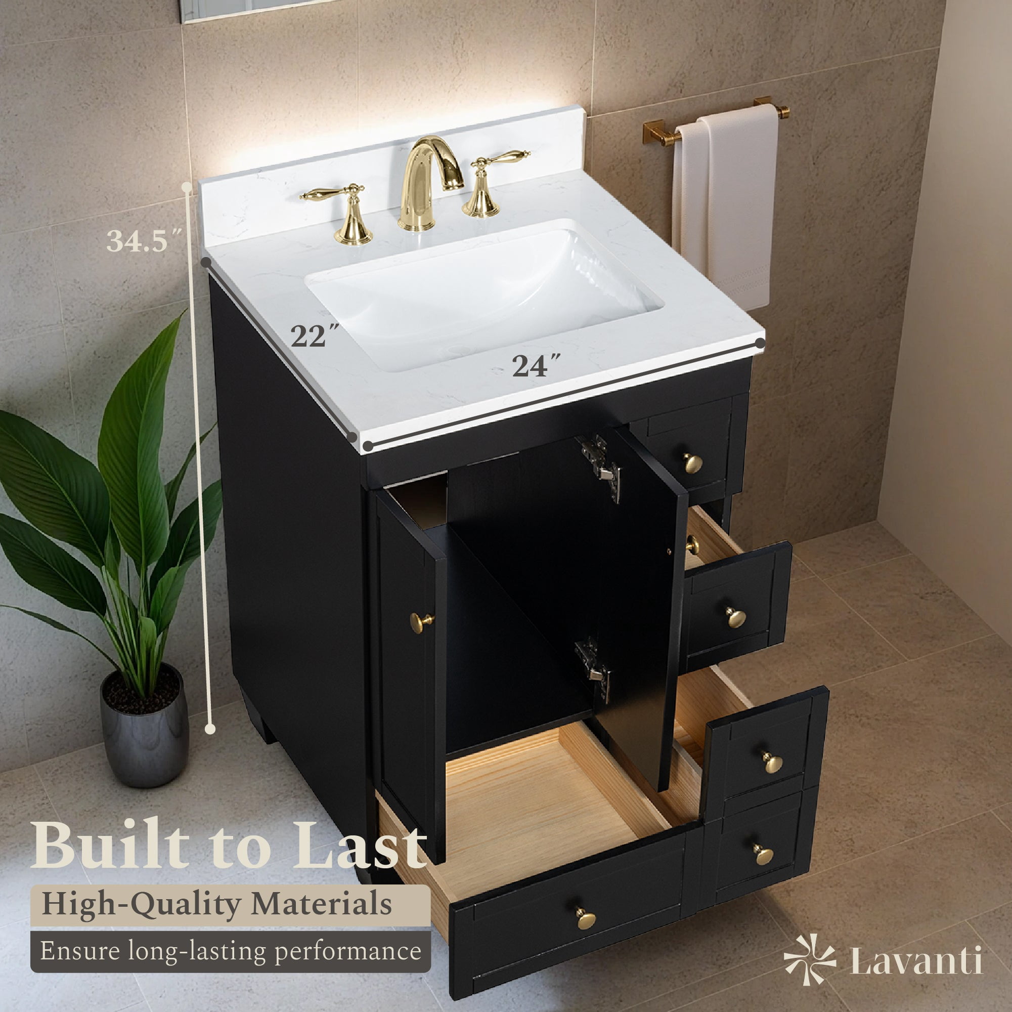 Lavanti Depos Solidwood 24-inch Bathroom Vanity with Sink - Stylish Black