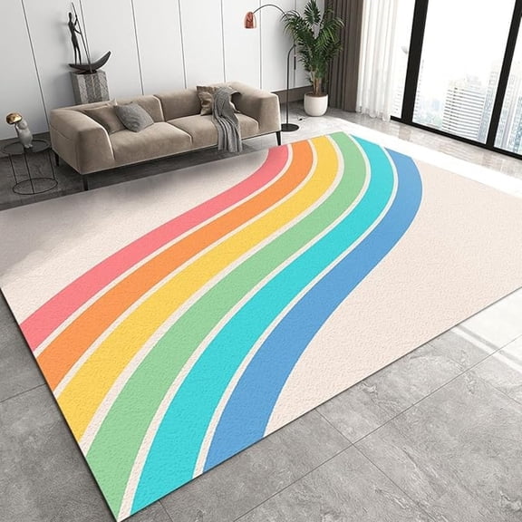 Nordic Rainbow Stripe Art Area Rug, Pink Orange Geometric Medieval Stripes Large Carpet, With Non-Slip Rubber Backing Decorative Rugs For Living Room Bedroom Dining Room 1x2ft
