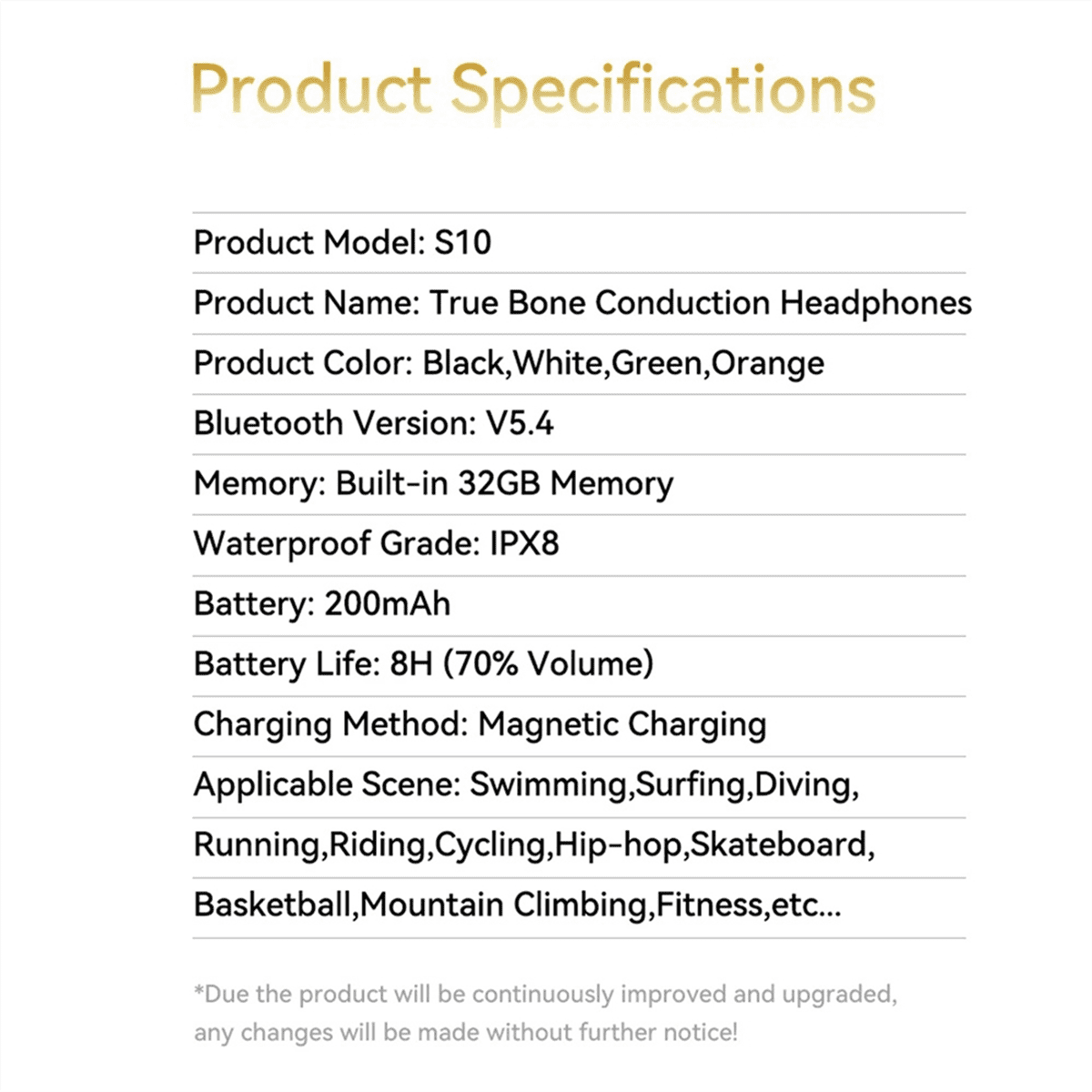 S10 Bluetooth 5.4 Bone Conduction Wireless Headphones