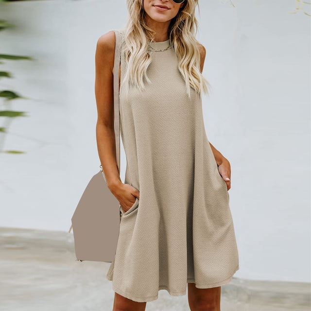 Fshaion Robe d'Été pour Femmes 2024 Grande Taille Printemps et Col Suspendu Jupe Grand Dos Robe Sans Manches Col Rond Liquidation à Moins de 10!