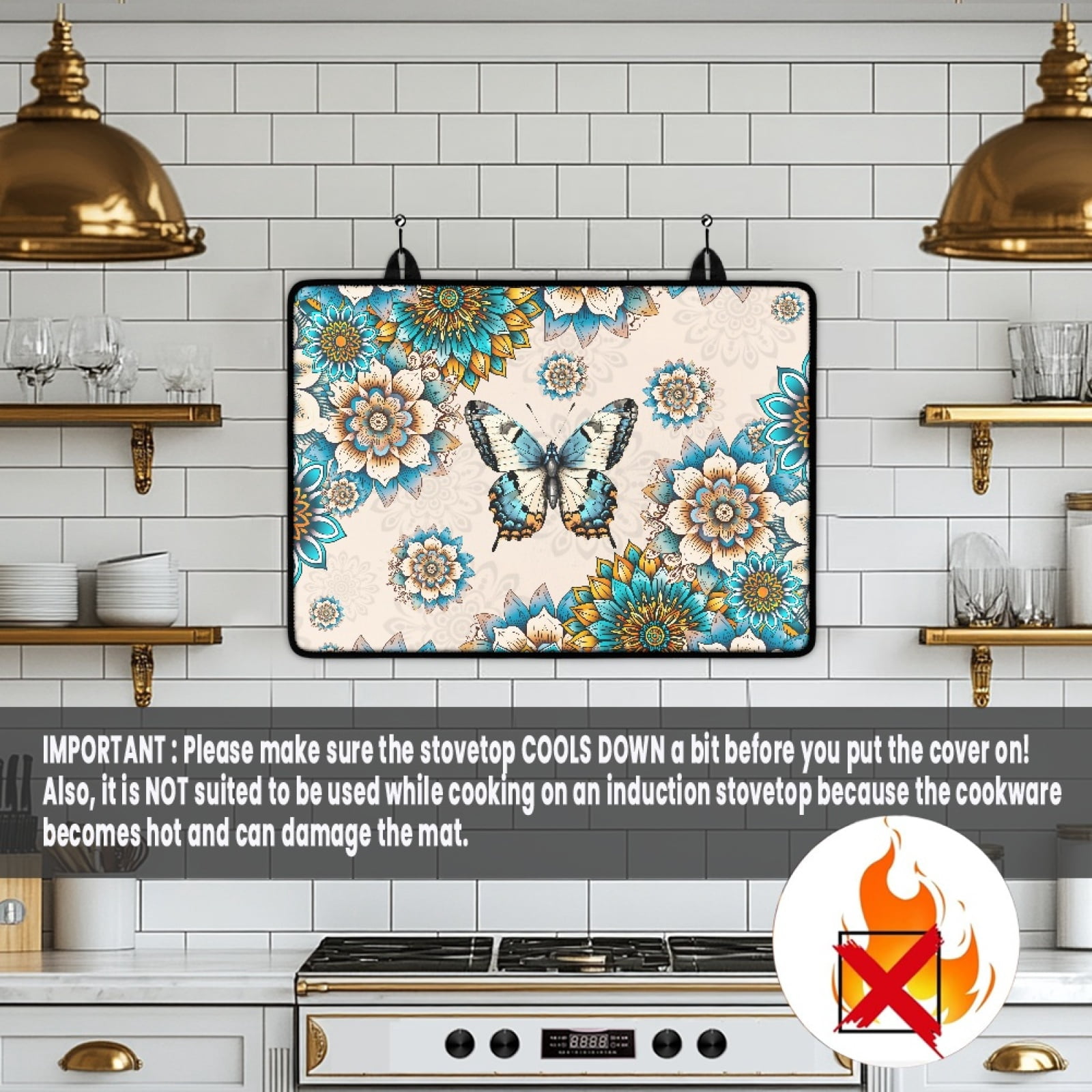 Renewold Stove Top Cover for Electric Stove, Stove Mat for Glass Stove Top, Heat Resistant Oil Resistant Cooktop Protector Cover for Kitchen Decor, Bohemian Flower Butterfly