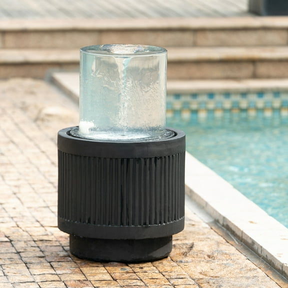 Miekor Furniture 20x20x19.5" Heavy Cement Round Black Ribbed Outdoor Water Fountain with Light (Color Change) 96778