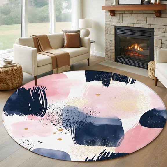 Round Rugs 5Ft, Navy Blue Pink Art Round Area Rug Washable Indoor Throw Carpet, Abstract Contemporary Luxury Soft Non Slip Circle Rug for Cabinet Bathroom Home Decor Aesthetic