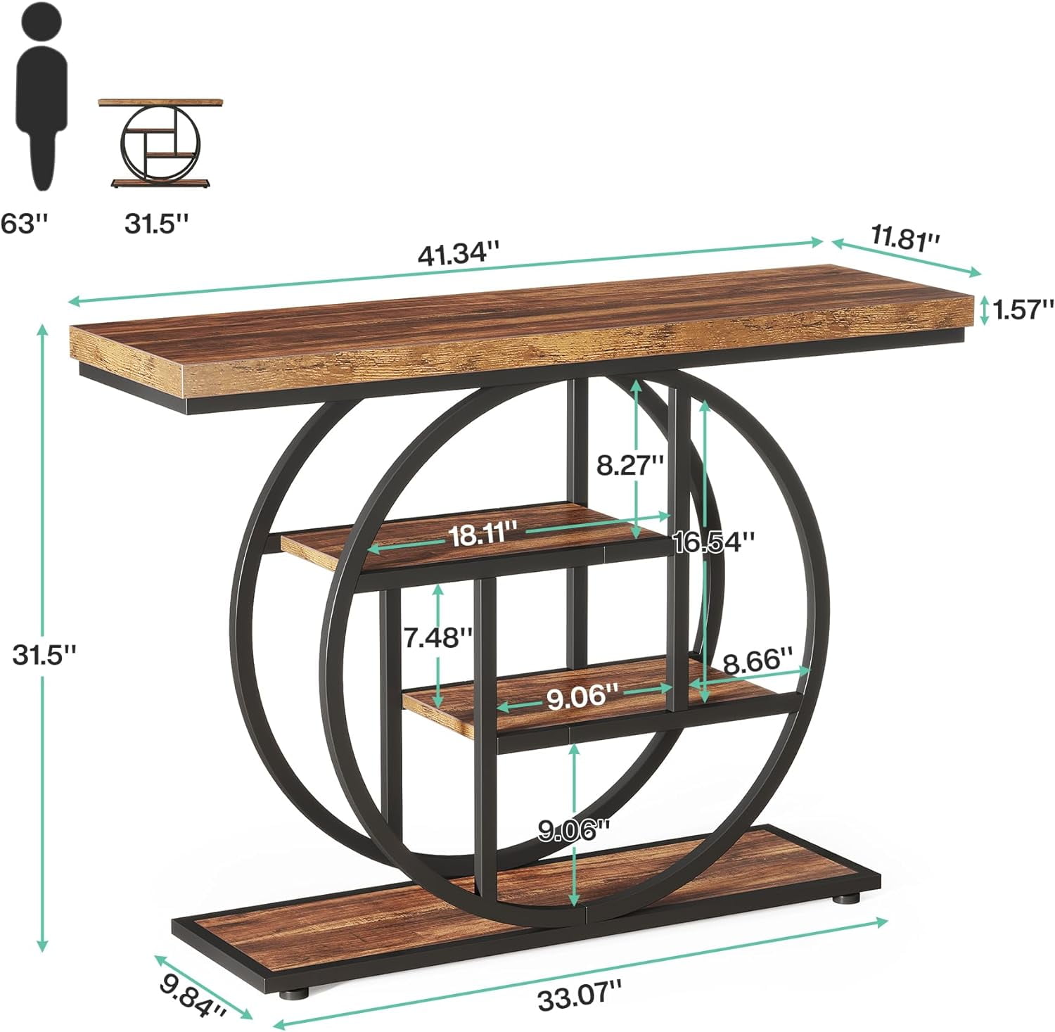 Tribesigns Industrial 41.3" Console Table, 4-Tier Sofa Table Narrow Wood Entryway Table with Storage Shelves for Living Room, Rustic Brown