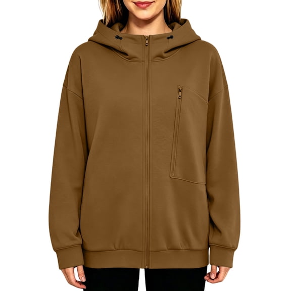 Hurxie Women's Full Zip Jackets Loose Fit Casual Hoodies Long Sleeve Tops with Pockets Brown,2XL