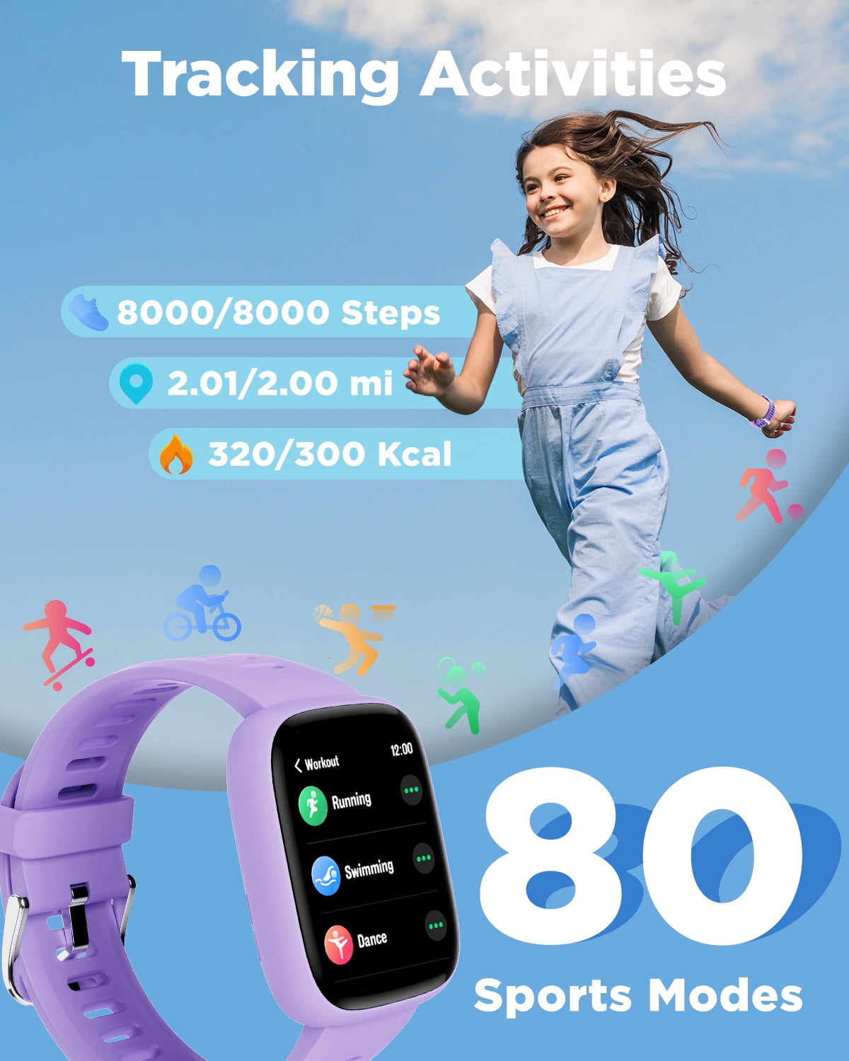 BIGGERFIVE Smart Watch for Kids, 1.8" Fitness Tracker Watch Pedometer, IP68 Waterproof, Sleep Monitor, Calorie Step Counter, 5 Puzzle Games with/Without APP for Girls Teens 5-16