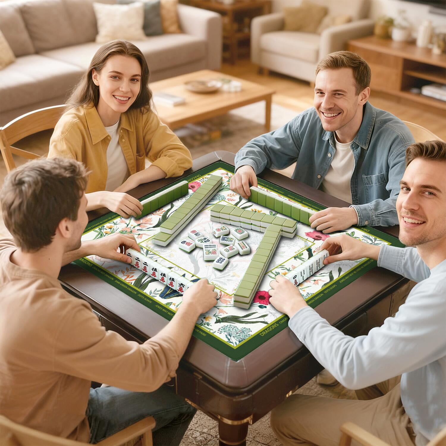 Floral Mahjong Mat with Rules, 31.5*31.5in Anti Slip American Mahjong Mat for Table, Noise Reduction, Neoprene Mah jongg Mats with Carrying Bag & 3 Dices, Mahjong Set Gift, Board Tile Games Mats