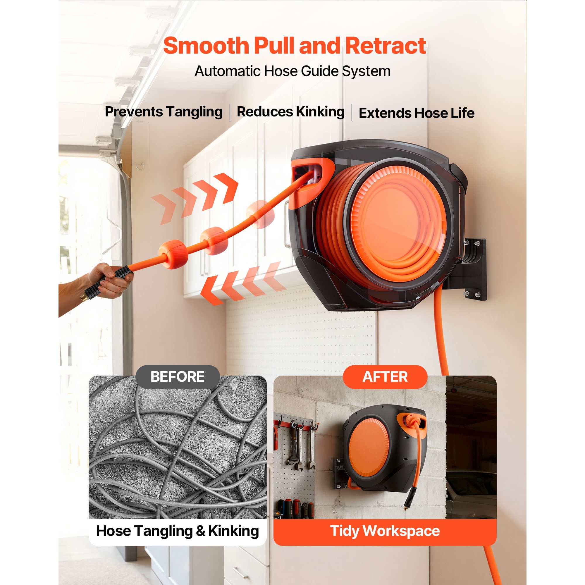 KFFKFF Retractable Air Hose Reel, 3/8 Inch x 80 FT Hybrid Hose, 300 PSI Capacity, Auto Rewind with 6.6 ft Lead-In, 180° Swivel Mount for Wall or Ceiling in Workshops
