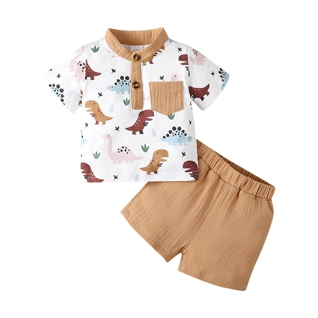 Gibobby Conjunto de pantalones para niños Camiseta de manga corta con estampado de dinosaurio de dibujos animados para niños pequeños, pantalones cortos(Caqui, 18-24 Meses)