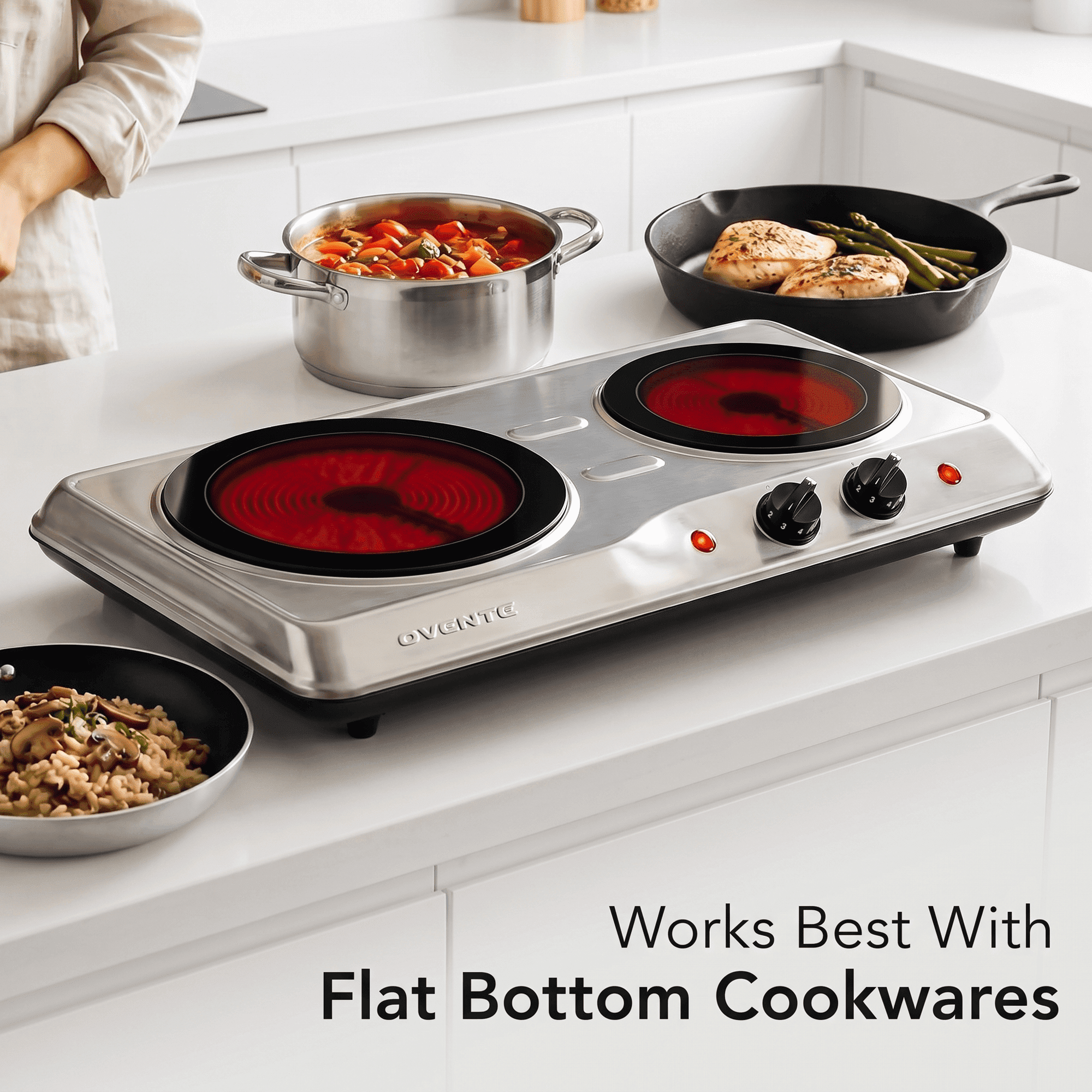 OVENTE Electric Infrared Double Burner, 1700W Hot Plate, Silver BGI102S, Portable Stove with 7.75" and 6.75" Ceramic Glass Cooktop, 5 Level Temperature Setting and Easy to Clean Stainless Steel Base