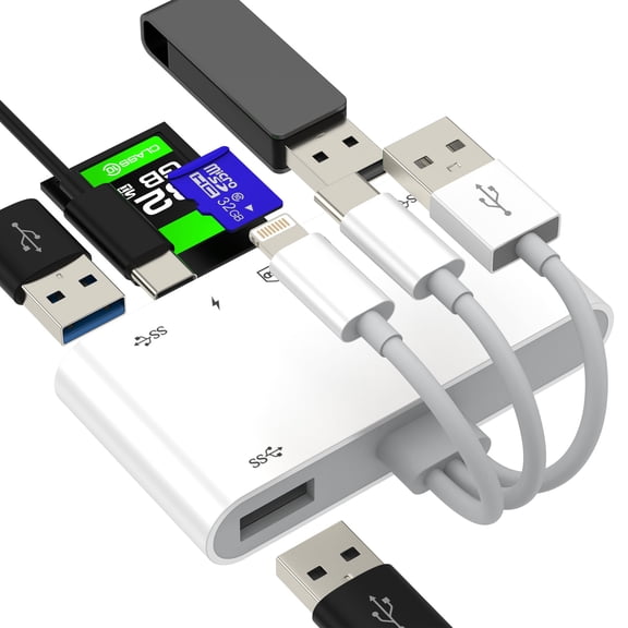 SD Card Reader (6in1) USB Lightning USB C to OTG TF Charger Female Adapter for iPhone 17 16 15 14 13Pro Max Digital Camera Memory Stick Transfer Android Hub for iPad for Apple Compatible for Samsung