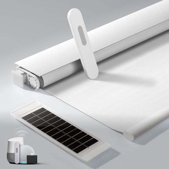 No Drill Motorized Blinds with Remote, Automatic Roller Shades | Easy Install, Rechargeable Blackout Smart Blinds for Bedroom, Office & High Windows Fabric Wrapped Cover, White, 34½"Wx72"H