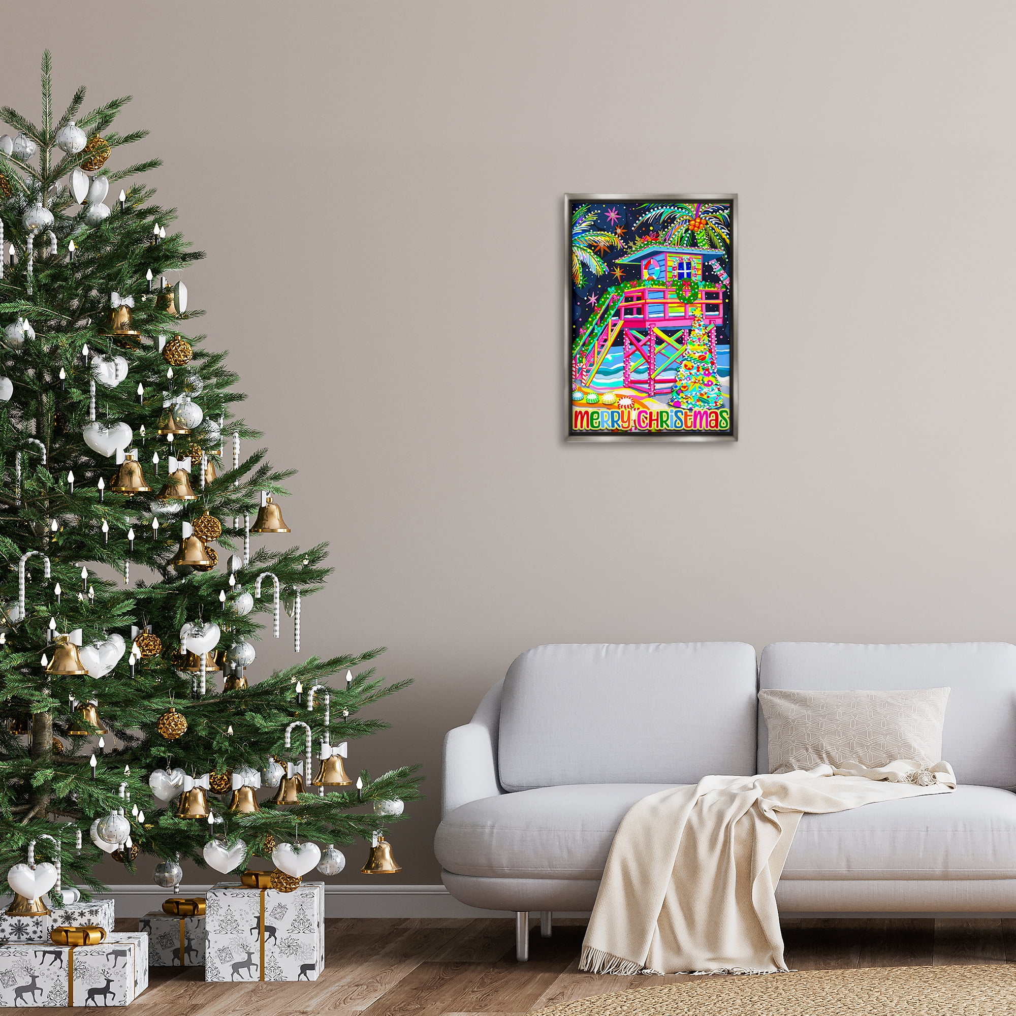 Stupell Industries Whimsical Seaside Christmas Holiday Painting Gray Floater Framed Canvas Art Prints Wall Art, 17 x 25