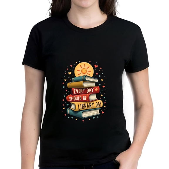 Colorful Library Day Cotton Short Sleeve T-Shirt - Stack of Books & Sun Design with Hearts - Perfect for Book Lovers
