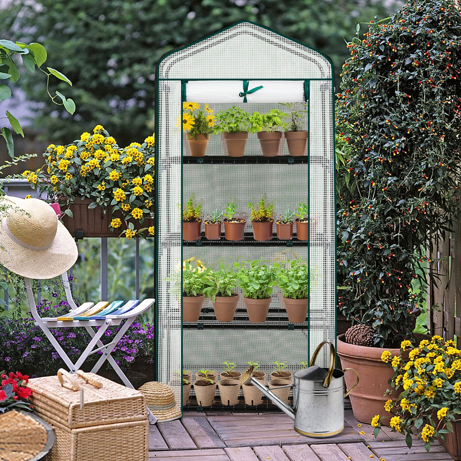 Zimtown 4-Tier Greenhouse, 27x19x62in, PE Cover for Plants, Flowers, Herbs - White